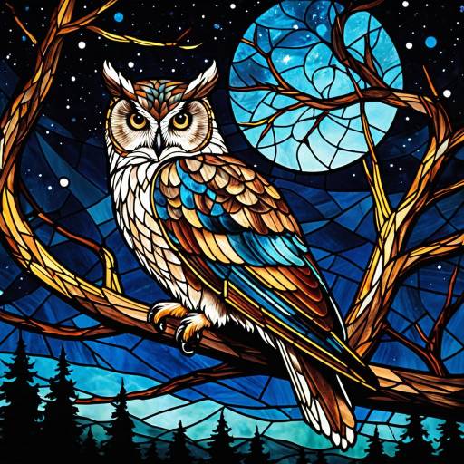 Stained Glass Owl with Night Sky