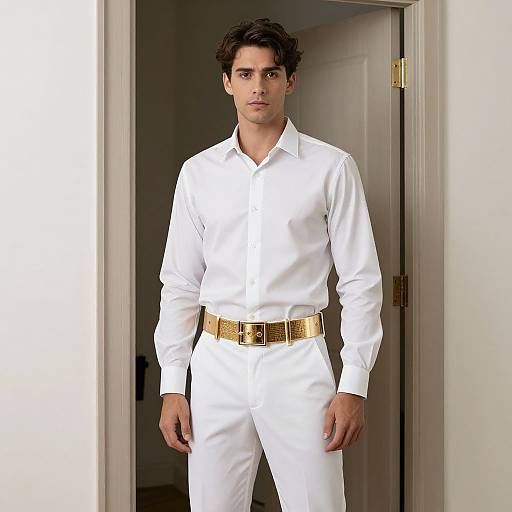Man in White Costume with Gold Belt