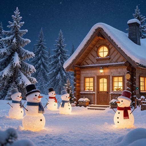 Photograph of a snowy night scene with glowing snowmen wearing hats and scarves in front of a wooden cottage, surrounded by snow-covered evergreen trees