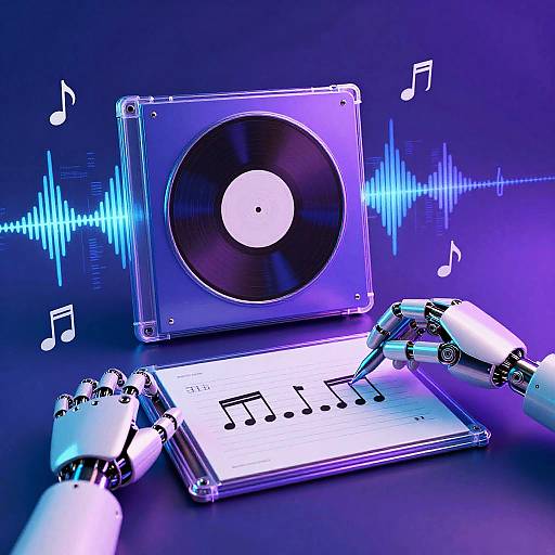 Digital artwork of a transparent laptop with a vinyl record, robotic hands, and musical notes against a blue and purple neon background.