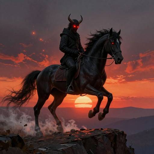 Digital artwork of a red-eyed, horned figure riding a black horse at sunset, with dramatic clouds and rocky terrain.