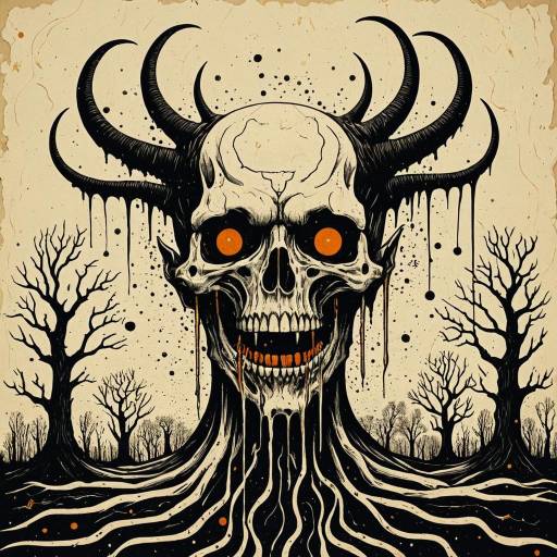 Demonic Skull with Horns and Surreal Trees