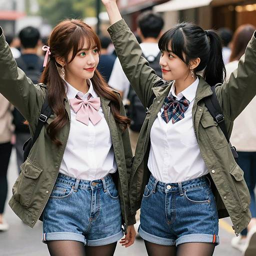Photograph of two Asian women with long hair, wearing white shirts, green jackets, blue shorts, and black tights, smiling and raising arms outdoors