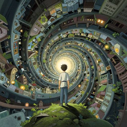 Digital art: Young man in white shirt and jeans stands on mossy rock, gazing into vibrant, spiraling cityscape with glowing center.