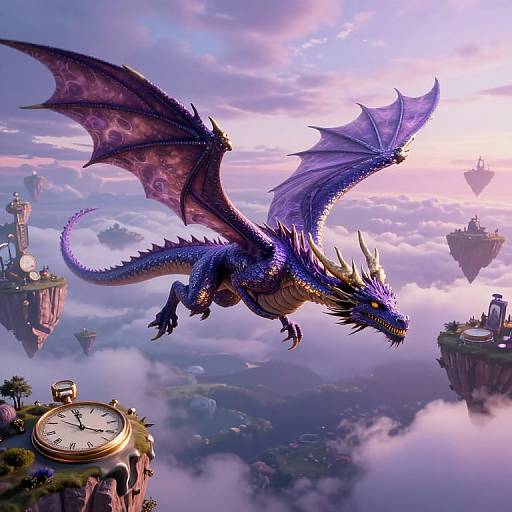 Digital artwork of a vibrant blue dragon with purple wings soaring above a fantasy sky filled with floating islands and clock towers.