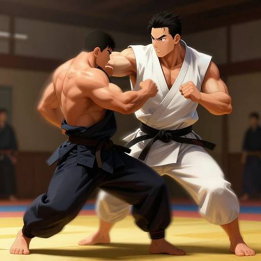 CGI image of two muscular men in karate uniforms, one white and one black, engaging in a fierce sparring match on a dojo mat.