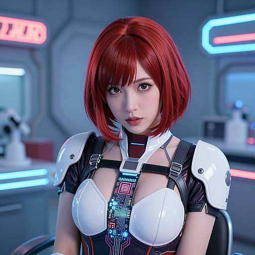 Digital art of a red-haired Asian woman in a futuristic black and white sci-fi outfit, with neon lights in a high-tech lab.