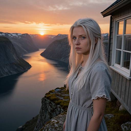 Photograph of a blonde woman with fair skin, wearing a light gray dress, standing by a lake at sunset, surrounded by mountains.