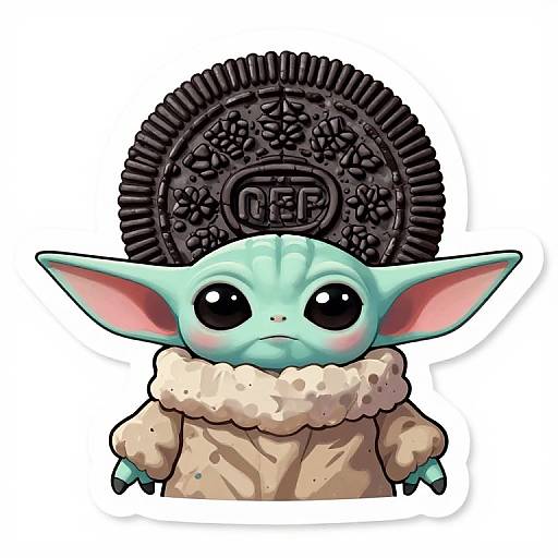Cute digital illustration of a blue Gungan-like creature with large black eyes, wearing a beige coat with fluffy collar, and a large Oreo cookie