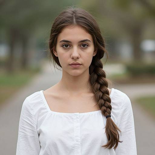 Photograph of a young woman with long dark brown hair in a loose braid, wearing a white long-sleeve top, standing in a blurred