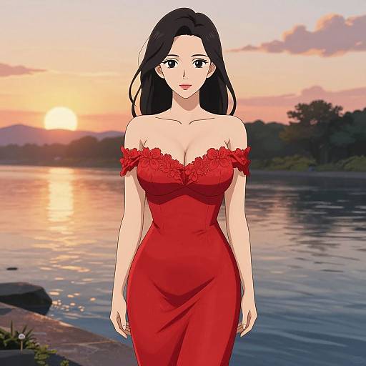 Digital anime-style drawing of a beautiful woman with long black hair, wearing a red off-shoulder dress, standing by a sunset-lit lake.