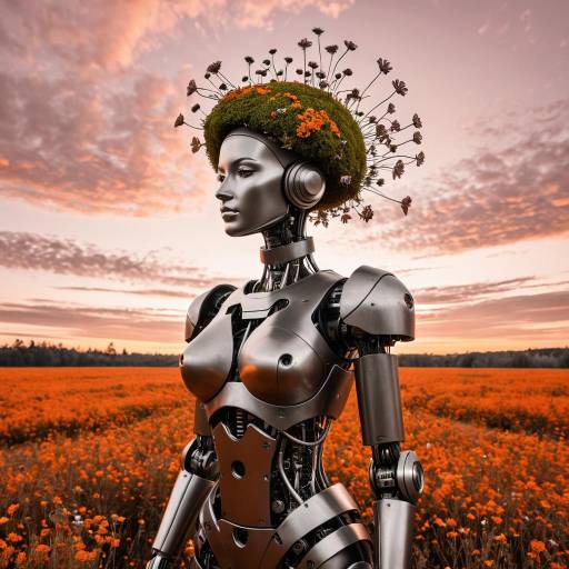 Robot Woman with Moss and Wildflowers in Autumn Field