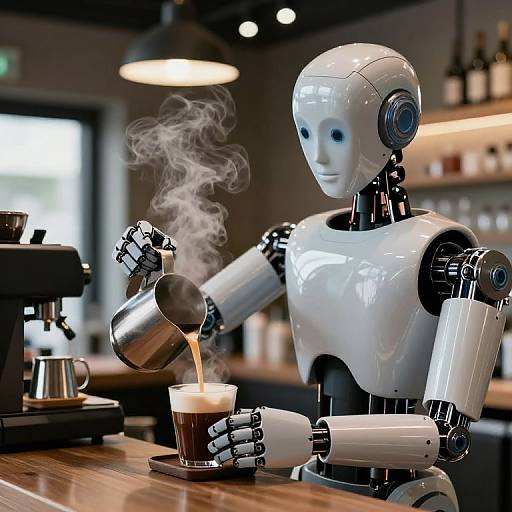 Photograph of a shiny white robotic barista pouring steaming coffee into a cup on a wooden counter in a modern café.