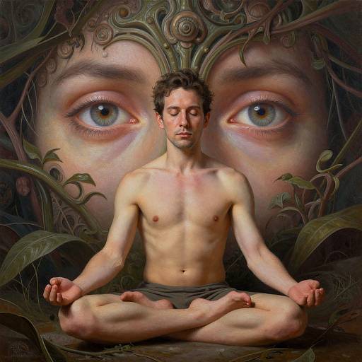 Digital artwork of a shirtless, slim, fair-skinned man with dark curly hair, meditating cross-legged, in front of large, mystical eyes