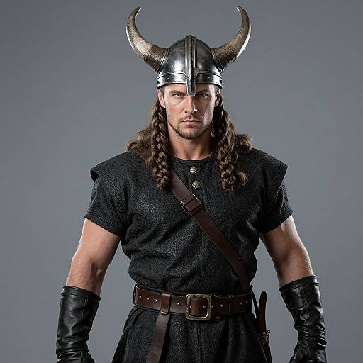 Photograph of a muscular man with long brown hair, wearing a metallic Viking helmet with horns, black tunic, leather gloves, and belt, against
