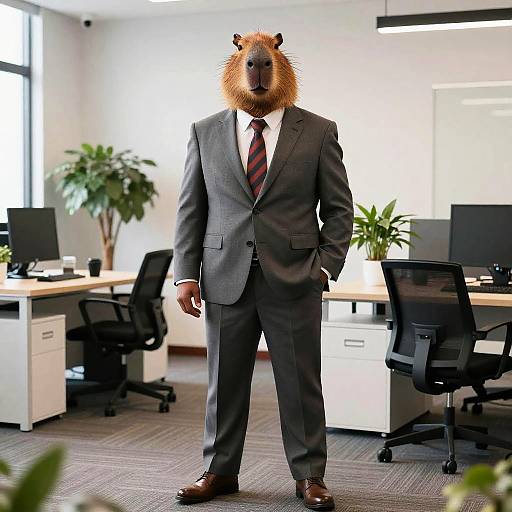 Photograph of a mannequin with a bear's head wearing a gray suit, white shirt, red-striped tie, standing in a modern office with