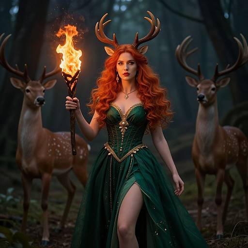 Photograph-like digital artwork of a red-haired woman with deer antlers, green dress, holding a flaming torch, surrounded by two deer in a dark