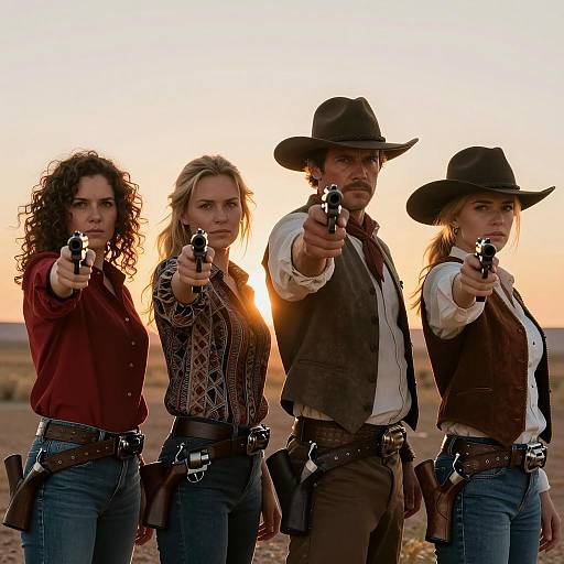 Group of Four in Western Attire Pointing Guns