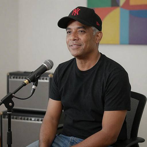 Man Sitting with Microphone and Guitar Amp