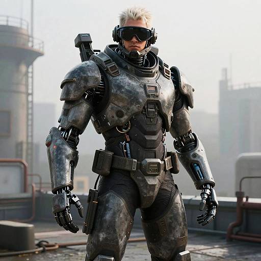 Cyberpunk Mercenary on Foggy Rooftop