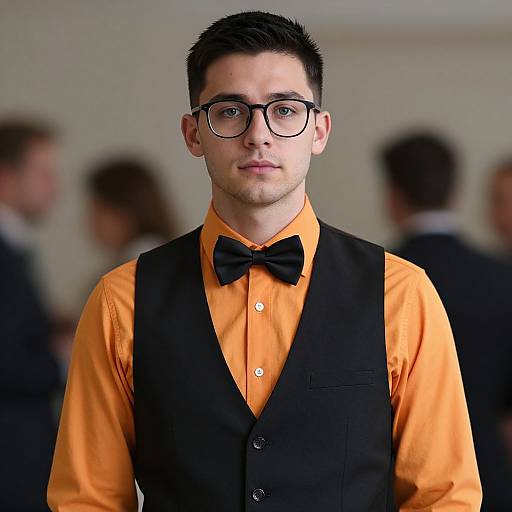 Photograph of a young man with short black hair, black-rimmed glasses, orange shirt, black vest, and black bow tie, standing in