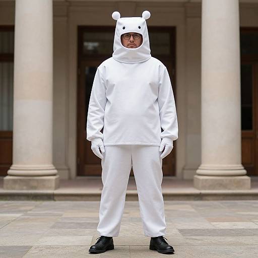 Photograph of a serious man in a white bear costume with hood and ears, standing in front of a classical building.