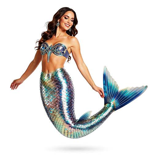 Smiling Woman in Realistic Mermaid Costume