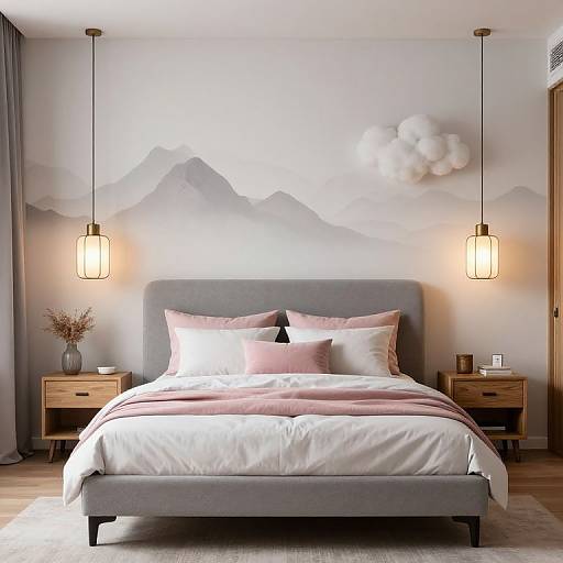 Cozy Gray Bedroom with Mountain Mural