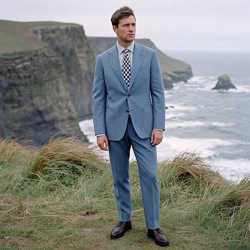 Photograph of a handsome, brown-haired man in a blue checkered tie and light blue suit standing on a grassy cliff overlooking a rocky ocean.