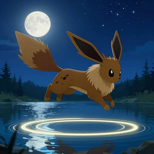 Digital illustration of an Eevee, a brown, fox-like Pokémon with large ears and fluffy tail, jumping over a glowing ring on a moonlit