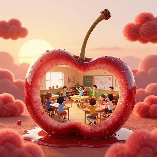 Photorealistic CGI: giant red apple with a hollow interior, containing a classroom scene with six diverse children seated at desks. Pink cloud-like textures surround