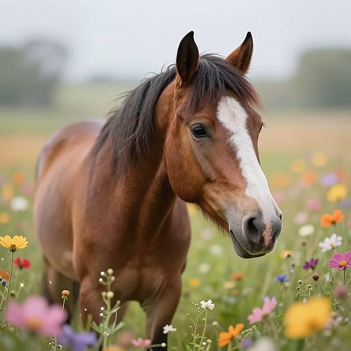 Photograph of a brown horse with a white stripe on its face standing in a colorful wildflower meadow, slightly blurred background.