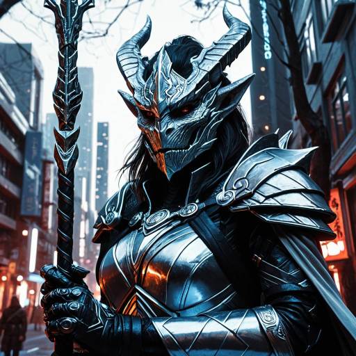 Female Dragonborn Warrior in Silver Armor with Staff