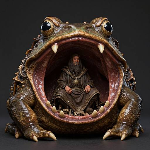 CGI image of a large, detailed frog with open mouth, revealing a robed human inside, against a dark background.
