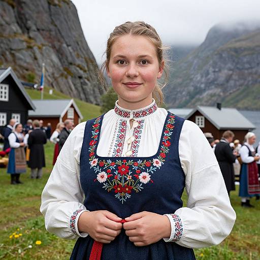 Young woman with blonde hair in traditional Nordic dress with floral embroidery, standing in front of mountainous village with red cabins.