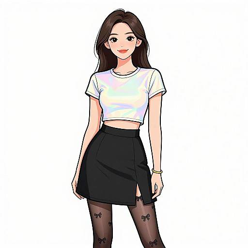 Digital anime-style drawing of a young Asian woman with long black hair, wearing a white crop top, black skirt, and black floral tights, smiling