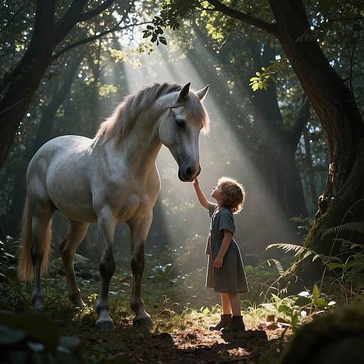 Photograph of a young girl with curly hair, in a gray dress, gently touching a white horse's muzzle in a sunlit forest. Sunbe