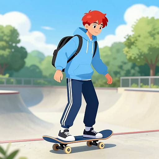 Digital cartoon of a red-haired boy with a backpack, blue hoodie, and black track pants, skateboarding in a sunny park.
