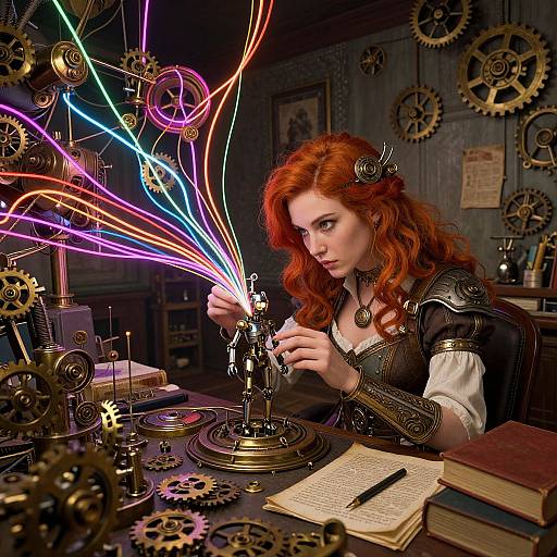 Steampunk redhead woman with curly hair and mechanical arm, creating colorful light trails with a machine, surrounded by gears and books.