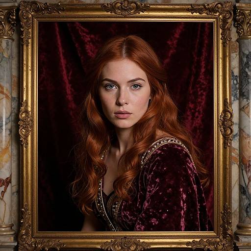 Photorealistic portrait of a red-haired woman with blue eyes, wearing a dark purple velvet robe, framed in an ornate gold frame with marble columns
