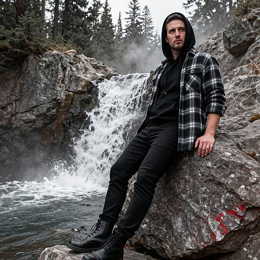Man Leaning on Rock Near Waterfall