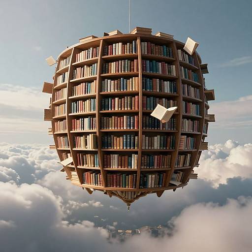 Floating spherical library filled with books, suspended above clouds, with books flying out, against a clear blue sky. Digital art.