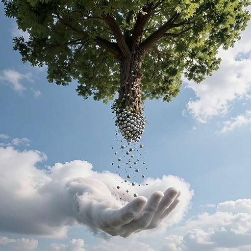 Digital artwork of a tree dropping white orbs into an outstretched, cloud-like hand against a bright blue sky with fluffy clouds.