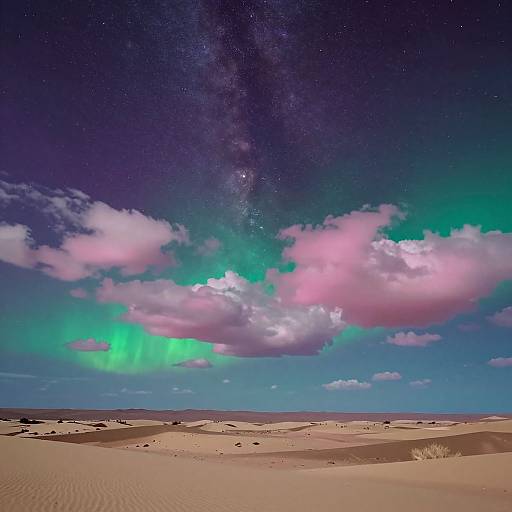 Photograph of a desert night sky with vibrant green auroras, pink clouds, and a visible Milky Way, over sand dunes.