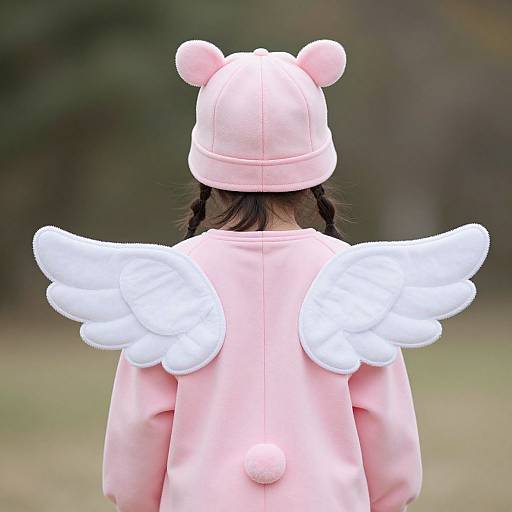 Photograph of a child from behind wearing a pink bear hat with ears, white angel wings, and a matching pink outfit, standing in a blurred outdoor