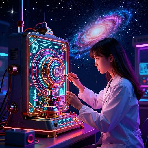 Neon Cyberpunk Scientist with Galaxy