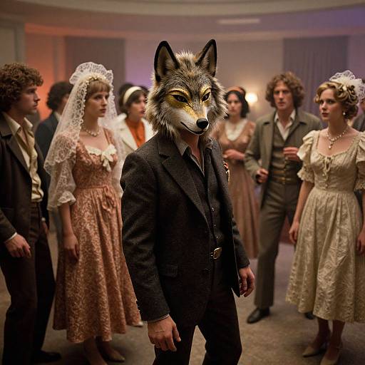 Photograph of a man in a black suit wearing a wolf head mask, standing in a dimly lit room with women in 1950s-style