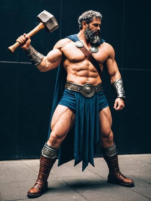 Man in Hephaestus Costume with Hammer Prop