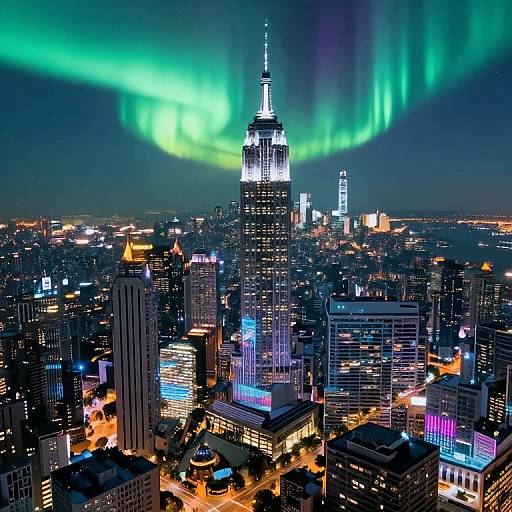 Photograph of New York City skyline at night with vibrant green aurora borealis, brightly lit buildings, and colorful neon lights.
