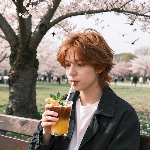 Photograph of a young, fair-skinned man with messy red hair, sipping a drink with a straw, wearing a black jacket, seated on